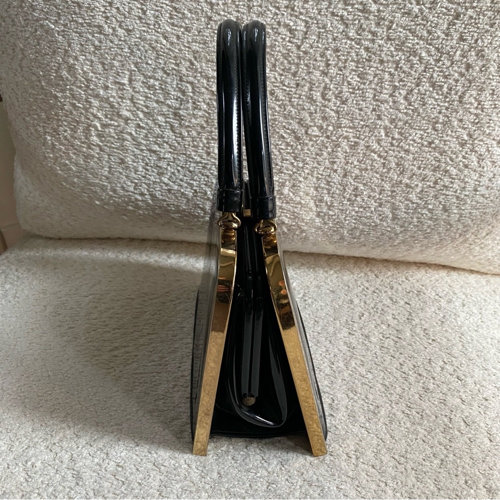 Vintage Black Patent Purse Handbag Gold Color Hardware - Picture 3 of 8